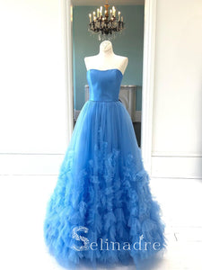 Vintage Long Blue Prom Dresses Simple Strapless Evening Gowns Formal Dresses SED151|Selinadress