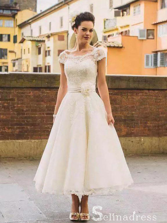 Vintage Tea-length Wedding Dresses Bateau Beautiful Lace Bridal Gown S – SELINADRESS