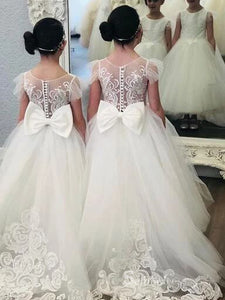 White Applique Scoop Neck Lovely Bowknot Flower Girl Dresses For Wedding GRS037|Selinadress