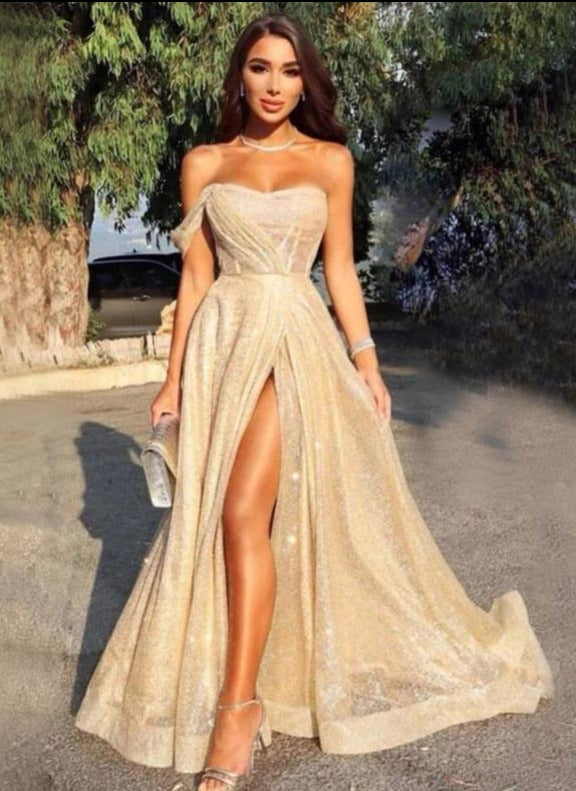 Champagne Gold A-Line Cheap Sequin Elegant Formal Long Prom Dresses FD019