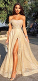Champagne Gold A-Line Cheap Sequin Elegant Formal Long Prom Dresses FD019